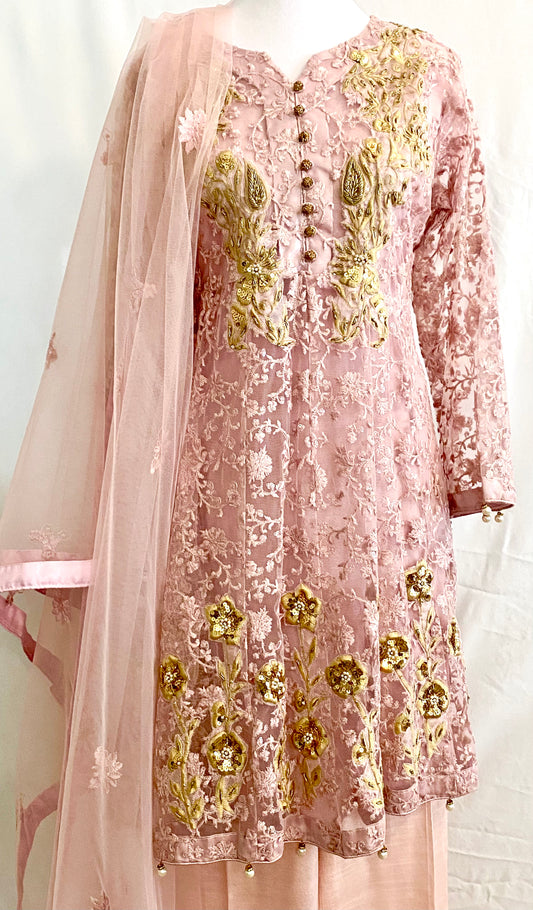 Pastel Pink Lace Dress Gold Embroidery