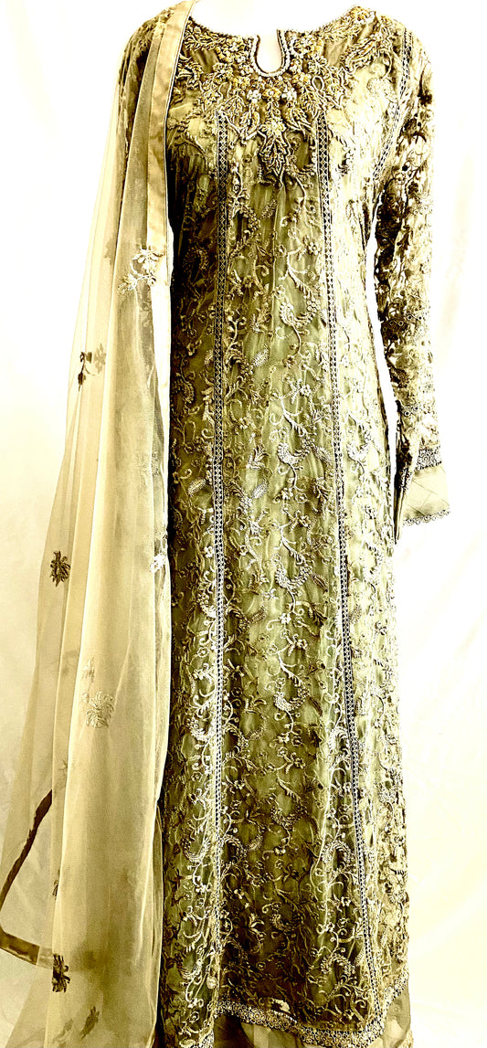 Olive Green Lace Dress Golden Embroidery