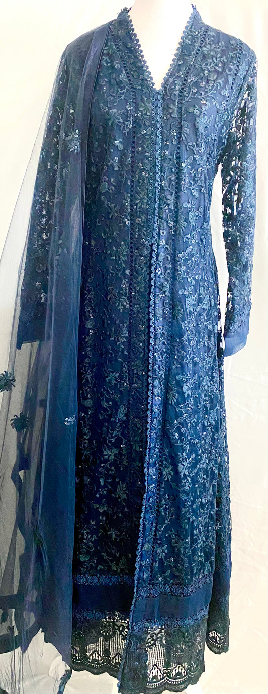 Navy Blue Lace Dress with Embroidery