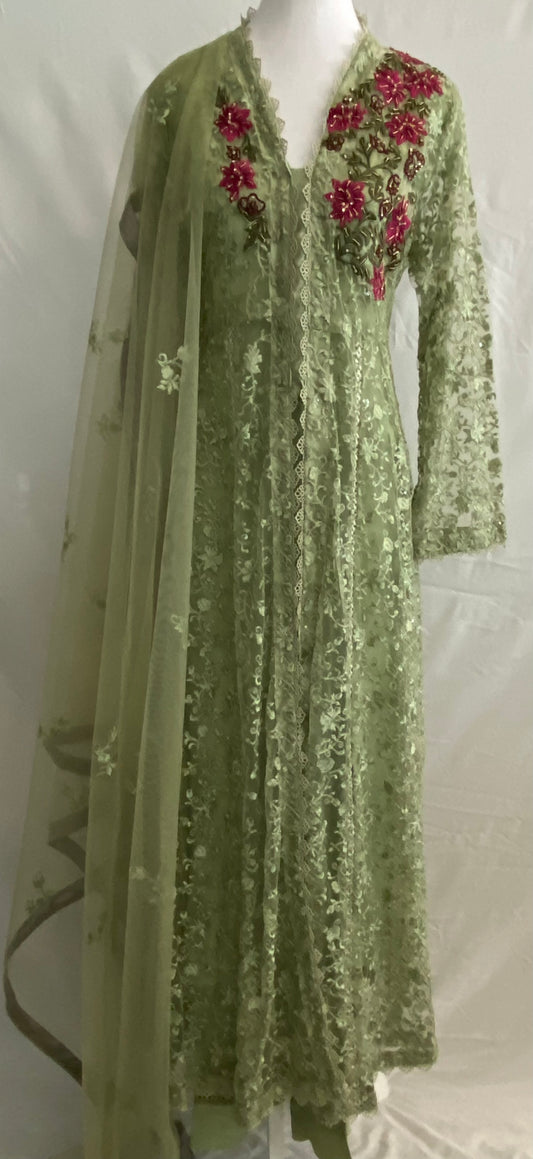 Pistachio Green Lace Dress with Pink Embroidery