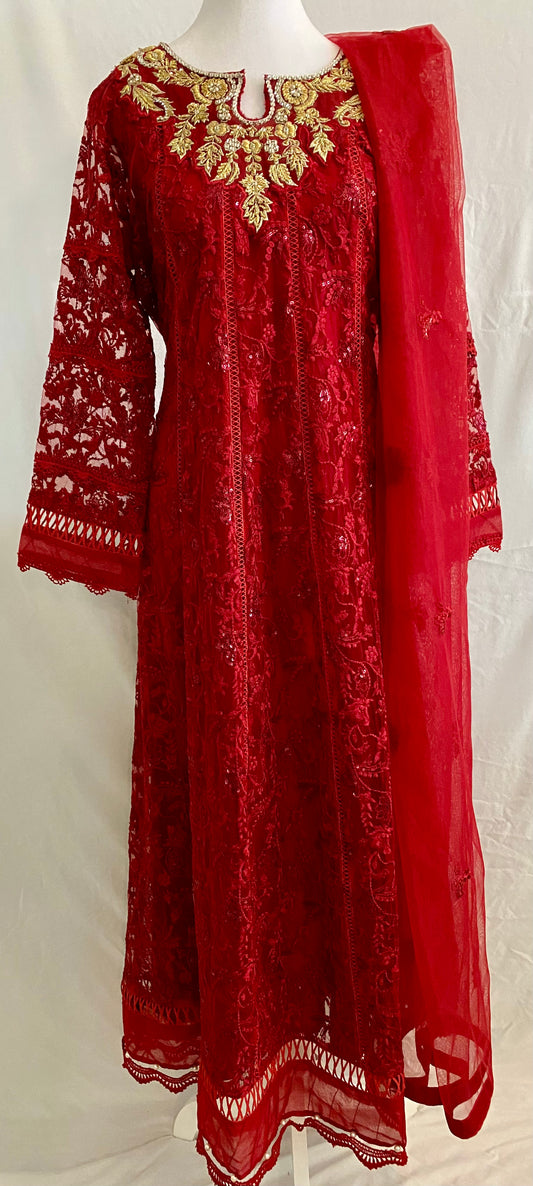 Ruby Red Lace Dress with Golden Embroidery